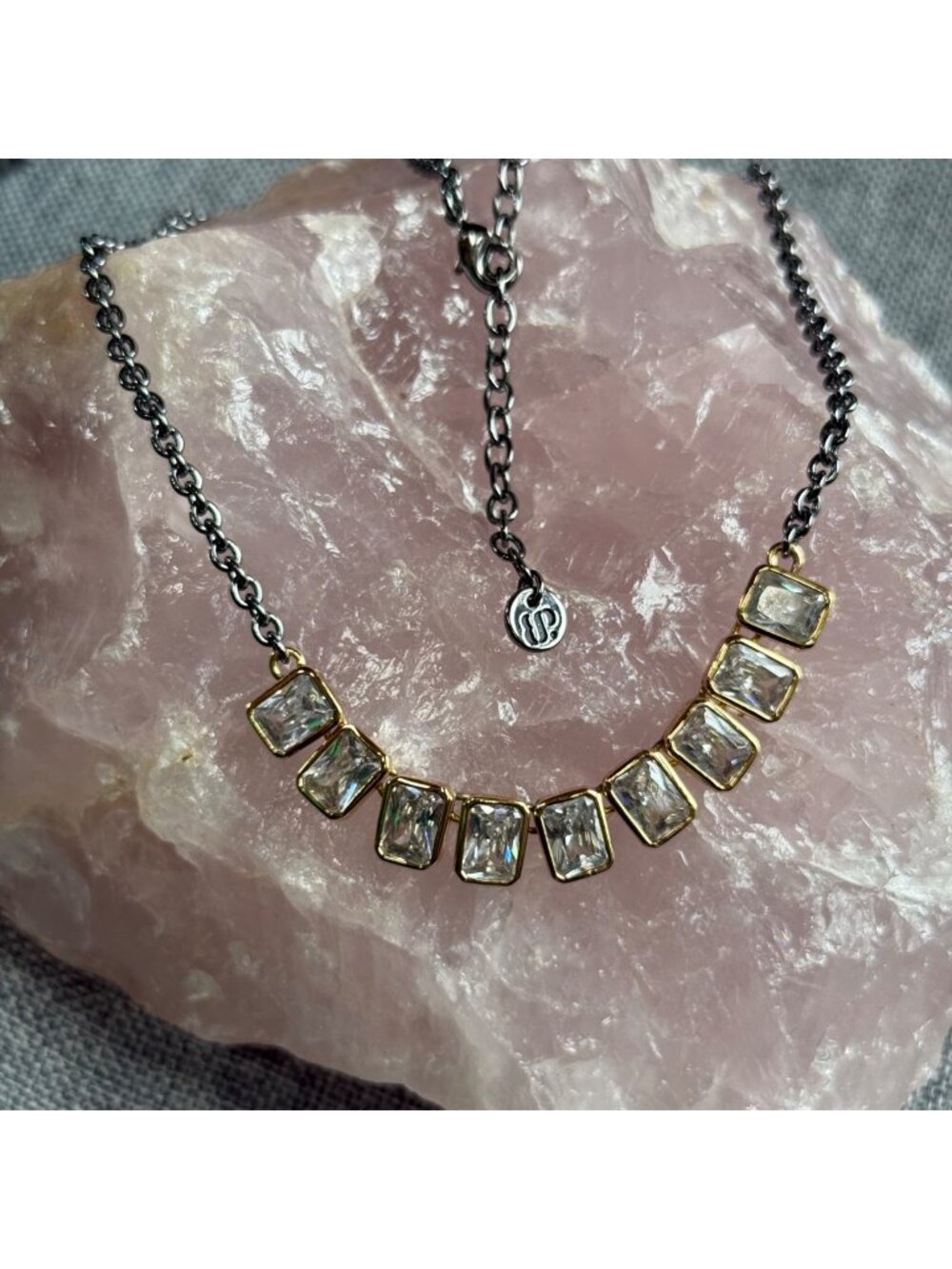 Bomb Party Necklace Mixed Metal Baguette Pure Edge Clear CZ Yellow Gold Hematite